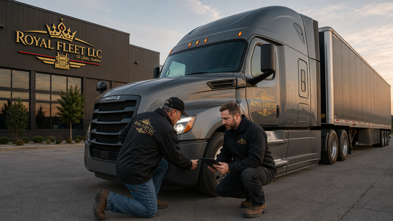 Royal Fleet driver and safety professional performing a pre-trip inspection