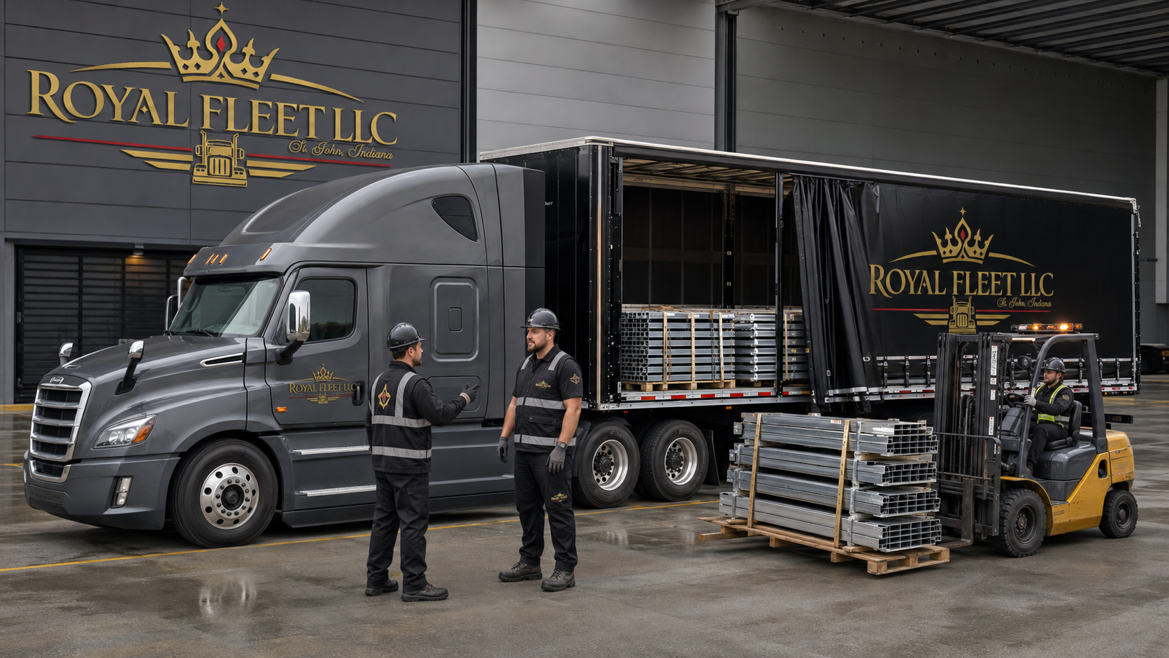 Royal Fleet warehouse and trucking professionals loading a black Conestoga trailer