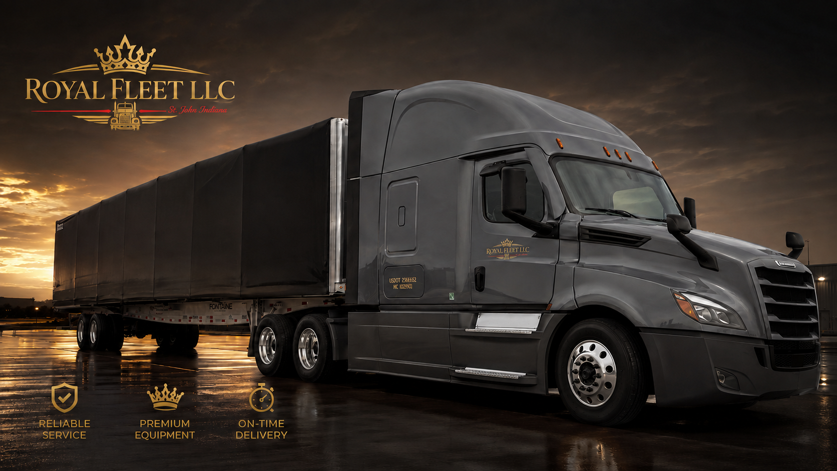 Royal Fleet gray Freightliner with black Conestoga trailer at sunset